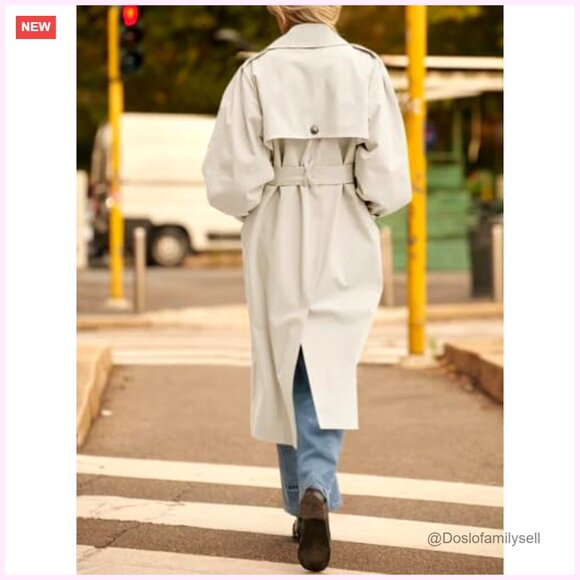 Long Trench Coat Oversized Double Breasted Lapel Overcoat Outerwear with Belt - Picture 5 of 7